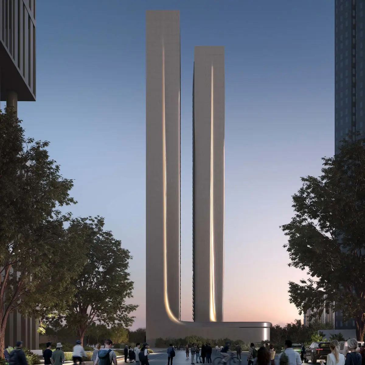 Akala Residences, twin towers at dusk, developer render